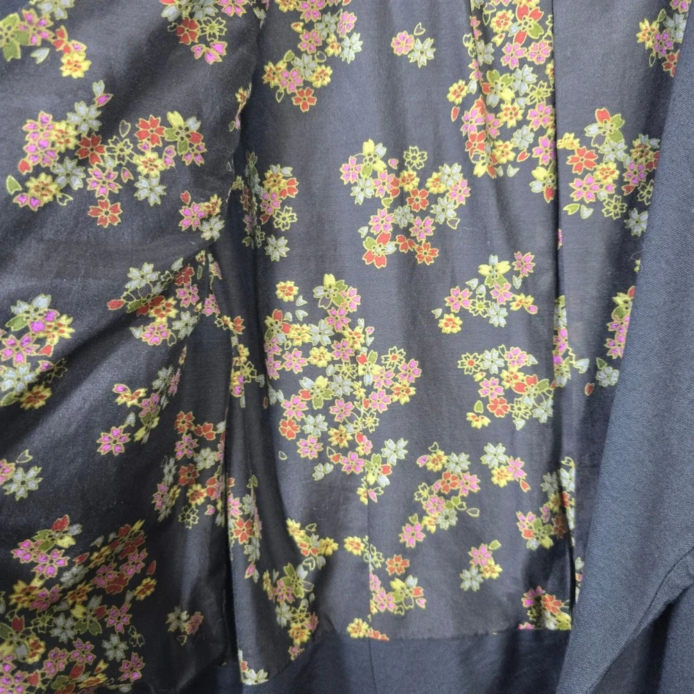 Ella Moss Black Drape Front Blazer Floral Silk Blend Lining‎ 3/4 Sleeve Large